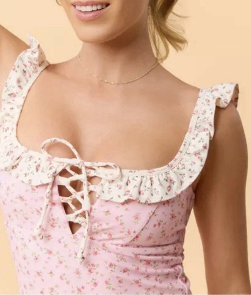 Blogilates Women's Ruffle Lace Up Tank Top - Pink Floral Size 1X
